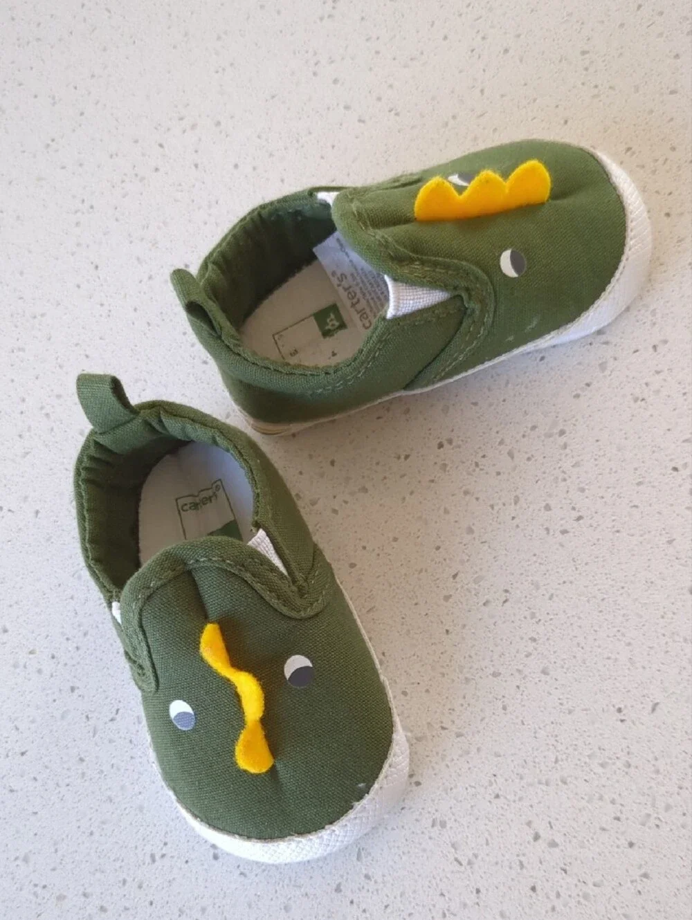 Carter's Olive Green Dinosaur Slip-On Baby Shoes with Yellow Detail